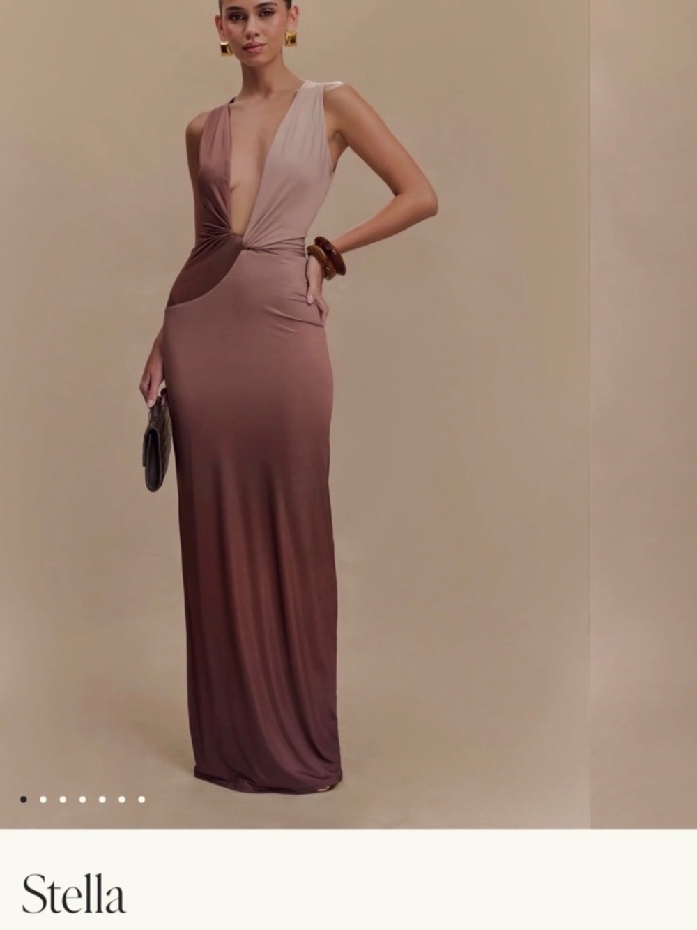 MESHKI Stella Draped Slinky Maxi Dress Mocha Ombre S - Picture 3 of 12
